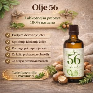 Olje 56 z lešnikovim oljem in rožmarinom za podporo prebavi, jetrom in presnovi maščob, z izpostavljenimi koristmi za lažjo prebavo in manj napihnjenosti