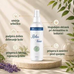 Relax Tonik z eteričnimi olji sivke, lovorja, limete in evkaliptusa za umirjanje srbečice, podporo delovanju kože, regeneracijo kože ter umiritev pred spanjem.