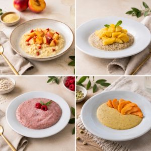Kolaž štirih poletnih zajtrkov iz Poletnega jedilnika za julij – prosena kaša z breskvami, kvinojin puding z mangom, ovseno-malinina skodelica in pistacijina polenta.