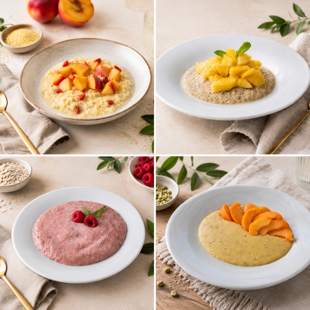 Kolaž štirih poletnih zajtrkov iz Poletnega jedilnika za julij – prosena kaša z breskvami, kvinojin puding z mangom, ovseno-malinina skodelica in pistacijina polenta.