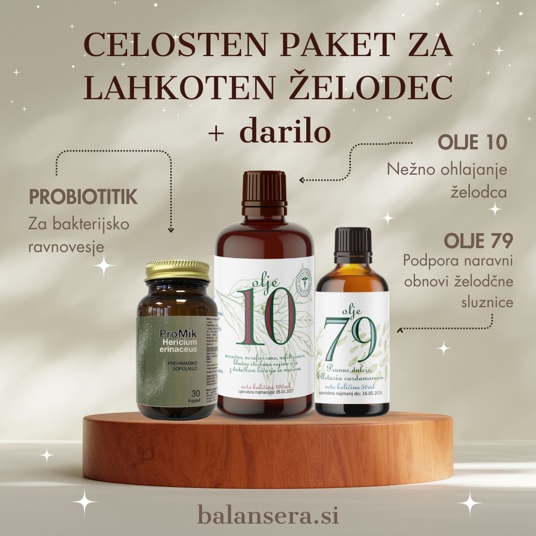Celosten paket za želodec - Olje 10, Olje 79 in probiotik ProMik Hericium erinaceus na lesenem podstavku