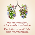 Ponazoritev inhalacije za pljuča. Umetniška upodobitev pljuč iz cvetja in vejic z napisom: “Vsak vdih je priložnost, da telesu podariš svež začetek. Vsak izdih – da spustiš tisto, česar več ne potrebuješ.”