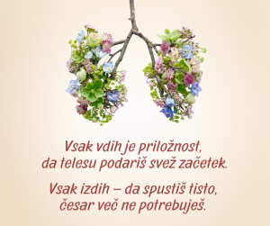 Ponazoritev inhalacije za pljuča. Umetniška upodobitev pljuč iz cvetja in vejic z napisom: “Vsak vdih je priložnost, da telesu podariš svež začetek. Vsak izdih – da spustiš tisto, česar več ne potrebuješ.”