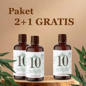 Olje 10 paket 2+1 gratis – tri stekleničke naravnega olja za želodec na lesenem podstavku z rastlinskim dekorjem.