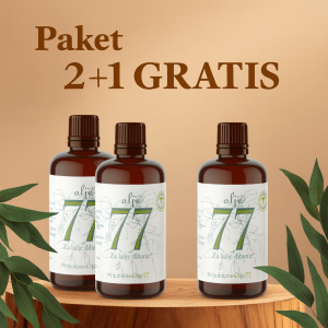 Paket Olja 77 – 2+1 gratis, tri stekleničke na lesenem podstavku.