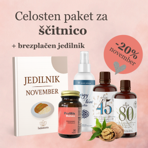 Celosten paket za ščitnico – ProMik Maitake probiotik, Olje 80, Olje 45, Energy tonik in brezplačni mesečni jedilnik. Izdelki so postavljeni skupaj, ob Olju 80 pa ležijo orehi kot simbol naravnega vira jodidov.