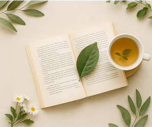Mehka naravna fotografija z odprto knjigo, skodelico čaja in listi v svetlih tonih – simbol ravnovesja, miru in celostnega pristopa k zdravju.