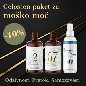 Celosten paket za moško moč – Olje 2, Olje 57 in Energy Tonik, napis -10%, črno-gold naslovna grafika.