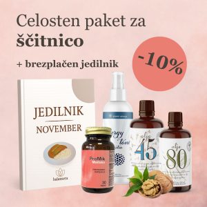 Celosten paket za ščitnico – ProMik Maitake probiotik, Olje 80, Olje 45, Energy tonik in brezplačni mesečni jedilnik. Izdelki so postavljeni skupaj, ob Olju 80 pa ležijo orehi kot simbol naravnega vira jodidov.
