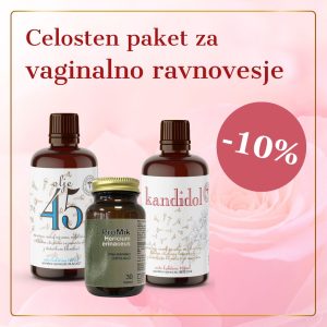 Celosten paket za vaginalno ravnovesje z izdelki (Kandidol, Olje 45, ProMik Hericium) in oznako −10% popust.