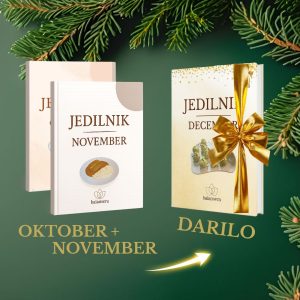 Paket Balansera jesenskih jedilnikov oktober in november z brezplačnim prazničnim decembrskim jedilnikom, predstavljen na prazničnem zelenem ozadju z zlato pentljo.