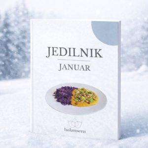 3D vizual Balansera januarskega jedilnika na zimskem ozadju – topel zimski jedilnik brez mesa za stabilno energijo in dobro počutje.