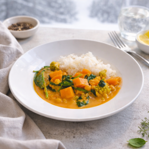 Zelenjavni curry s čičeriko in jasminovim rižem – toplo zimsko kosilo iz Balanserinega januarskega jedilnika.
