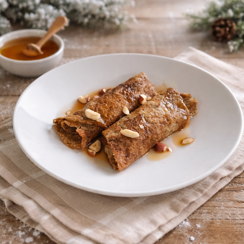 Kvinoja-chia palačinke z javorjevim sirupom in lešniki na krožniku v zimskem, domačem ambientu