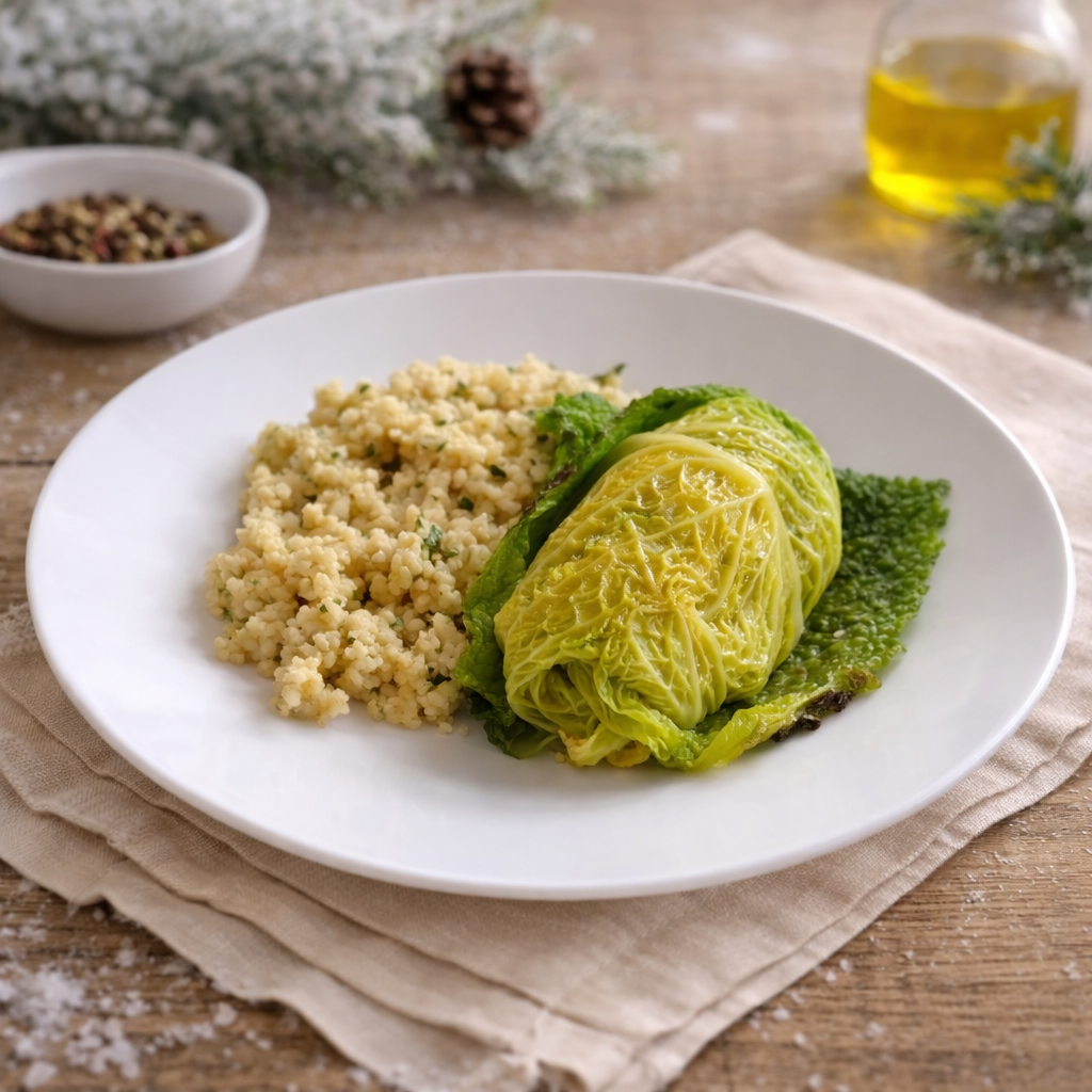 Ohrovtovi zavitki s proseno kašo na krožniku, zimsko domače kosilo iz februarskega jedilnika Balansera