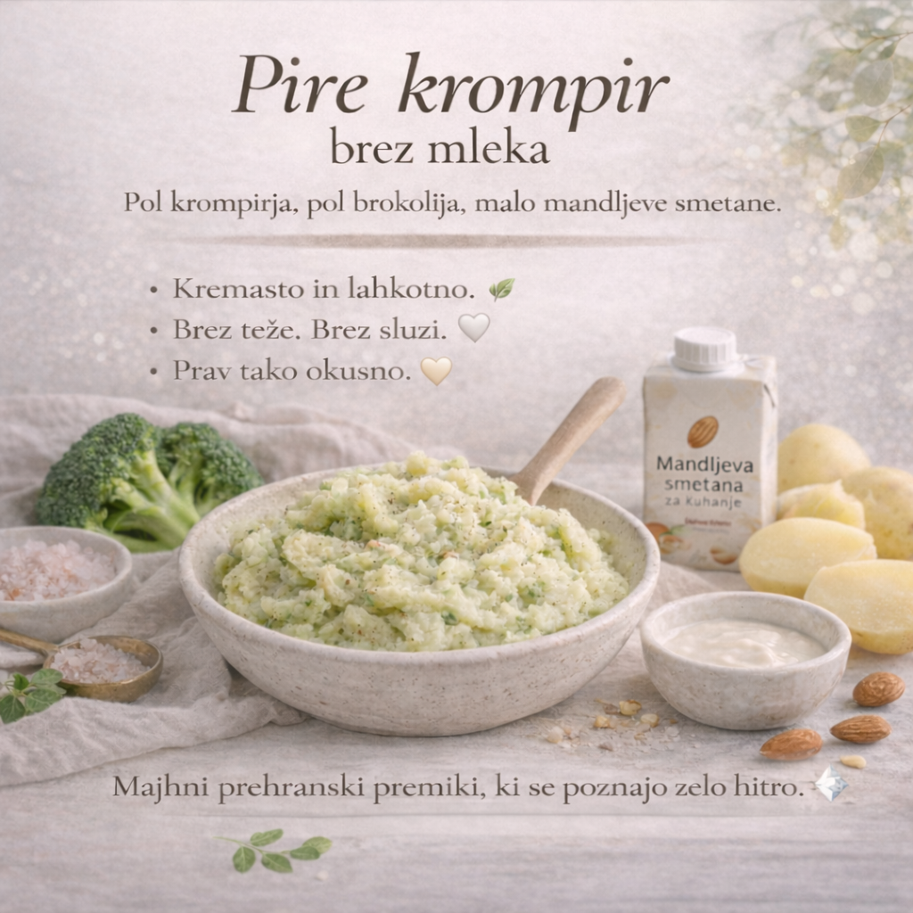 Rastlinski pire krompir z brokolijem v keramični skledi, zraven mandljeva smetana za kuhanje, svež brokoli in olupljen krompir na svetlem kuhinjskem ozadju.