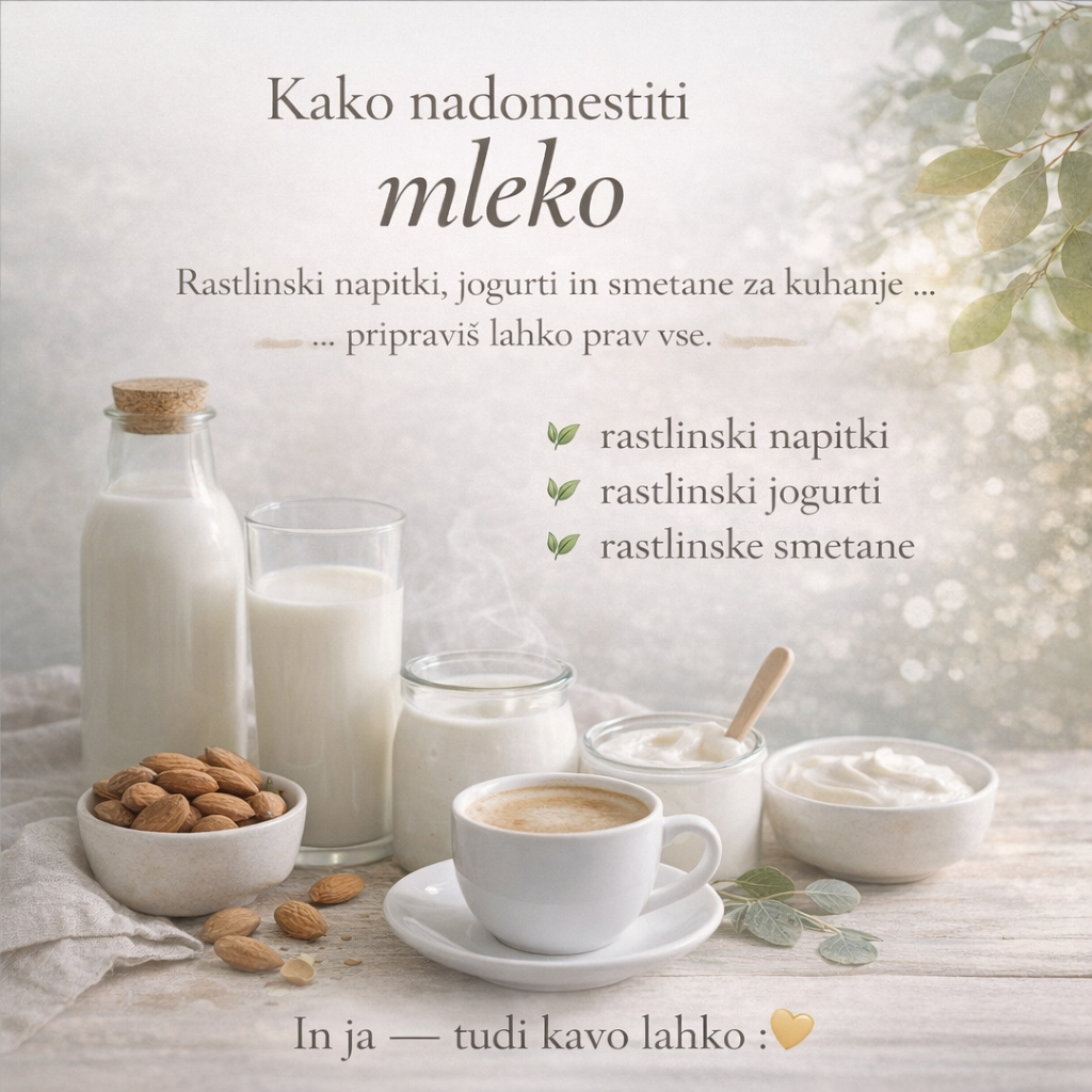 Steklenica rastlinskega napitka, kozarec mandljevega napitka, skodelica kave, skleda rastlinskega jogurta in skleda rastlinske smetane na svetlem kuhinjskem ozadju, ob strani skledica z mandlji.