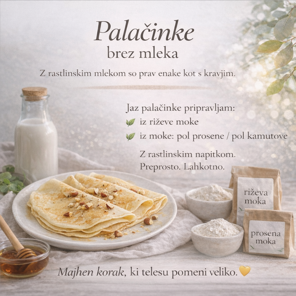 Krožnik z zloženimi palačinkami brez mleka, posutimi s sesekljanimi oreščki, zraven steklenica rastlinskega napitka, vrečka riževe moke, skleda prosene moke in skledica medu na svetli kuhinjski podlagi.