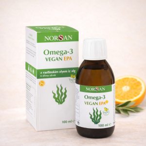 Norsan Omega-3 Vegan EPA olje iz alg z visoko vsebnostjo EPA, 100 ml, z okusom pomaranče
