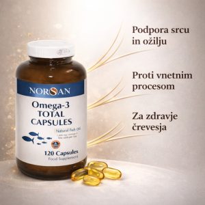 Norsan Omega-3 Total kapsule na elegantnem svetlem ozadju z zlatimi linijami, ki poudarjajo koristi za srce, ožilje, zmanjševanje vnetij in zdravje črevesja