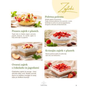 Štirje zajtrki iz Balanserinega poletnega jedilnika za junij: prosen zajtrk v plasteh, poletna polenta, kvinojin zajtrk v plasteh ter ovseni zajtrk s čokolado in jagodami